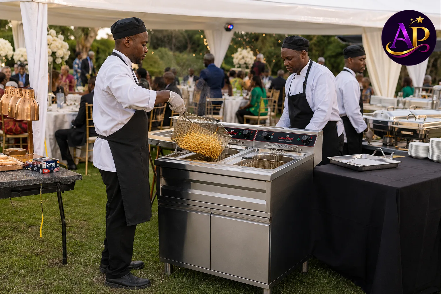 Commercial deep fryer hire in Nairobi serving fresh chips at a premium outdoor catering event