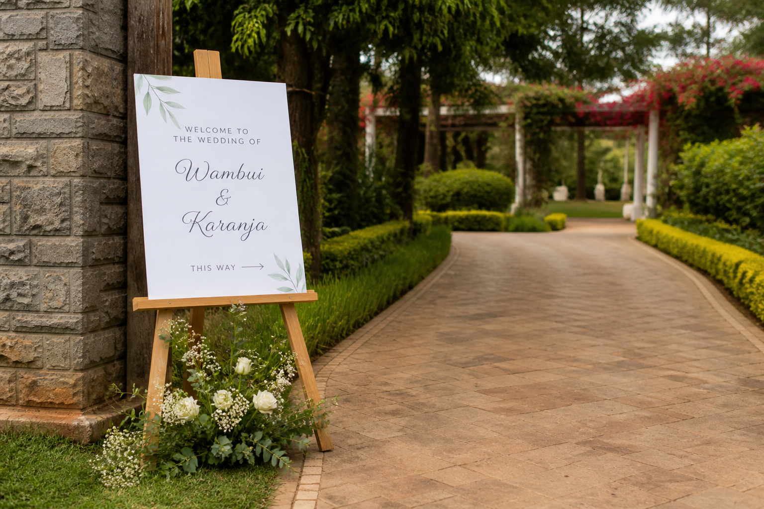 Custom directional welcome sign guiding guests to event venue in Nairobi