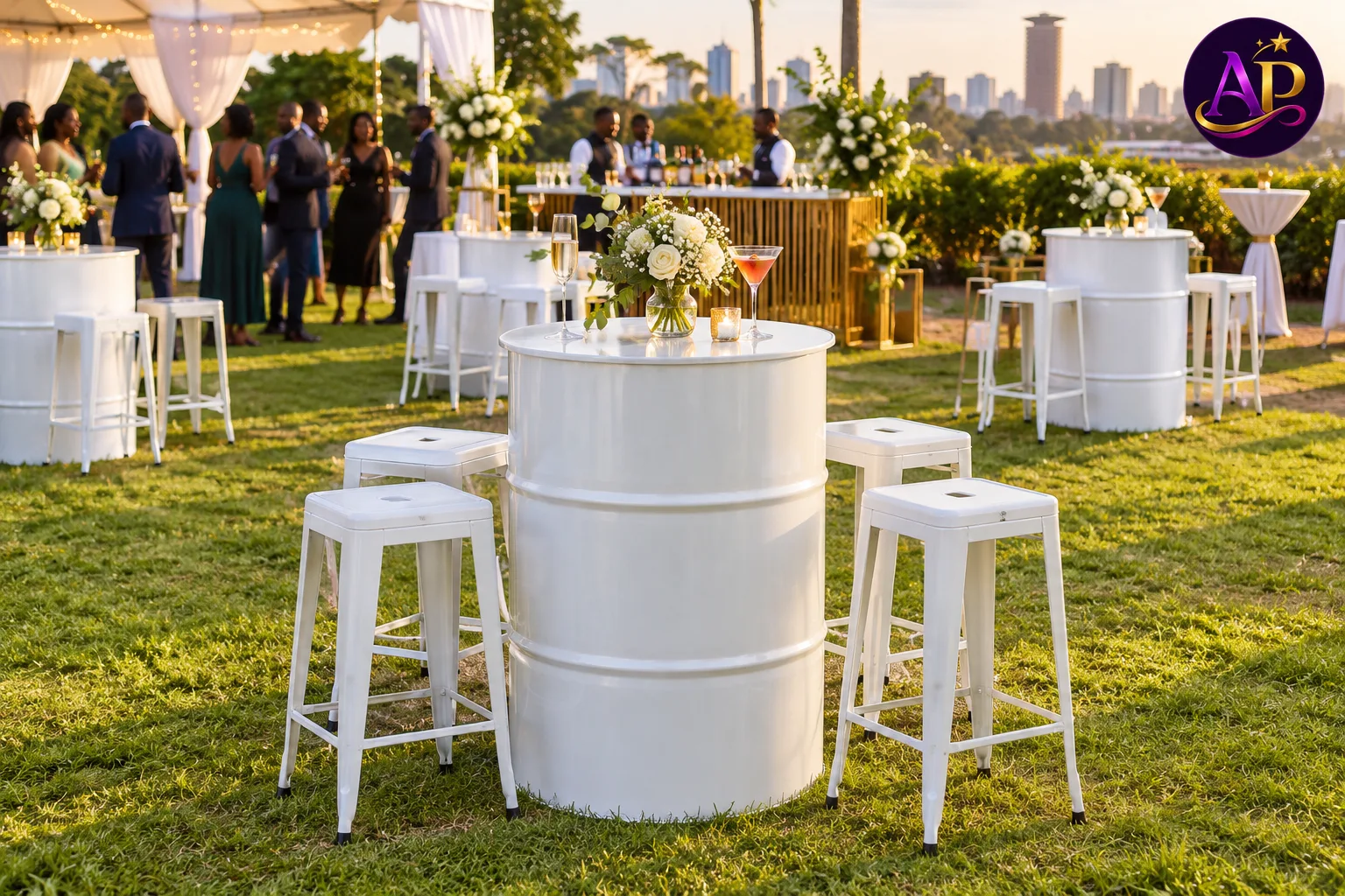 Drum cocktail table available for event hire in Nairobi