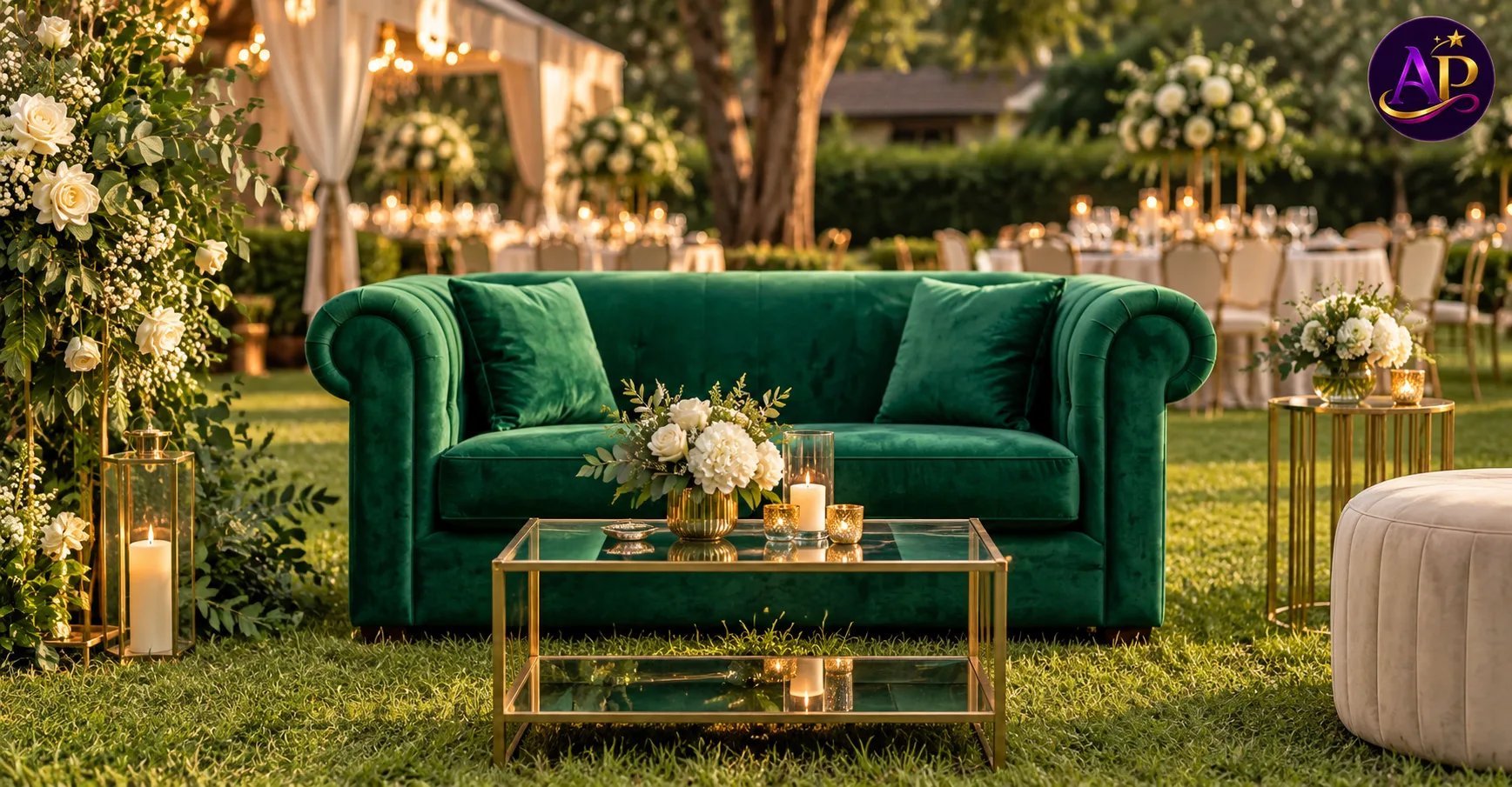 Emerald green velvet two-seater sofa at a luxury Nairobi wedding