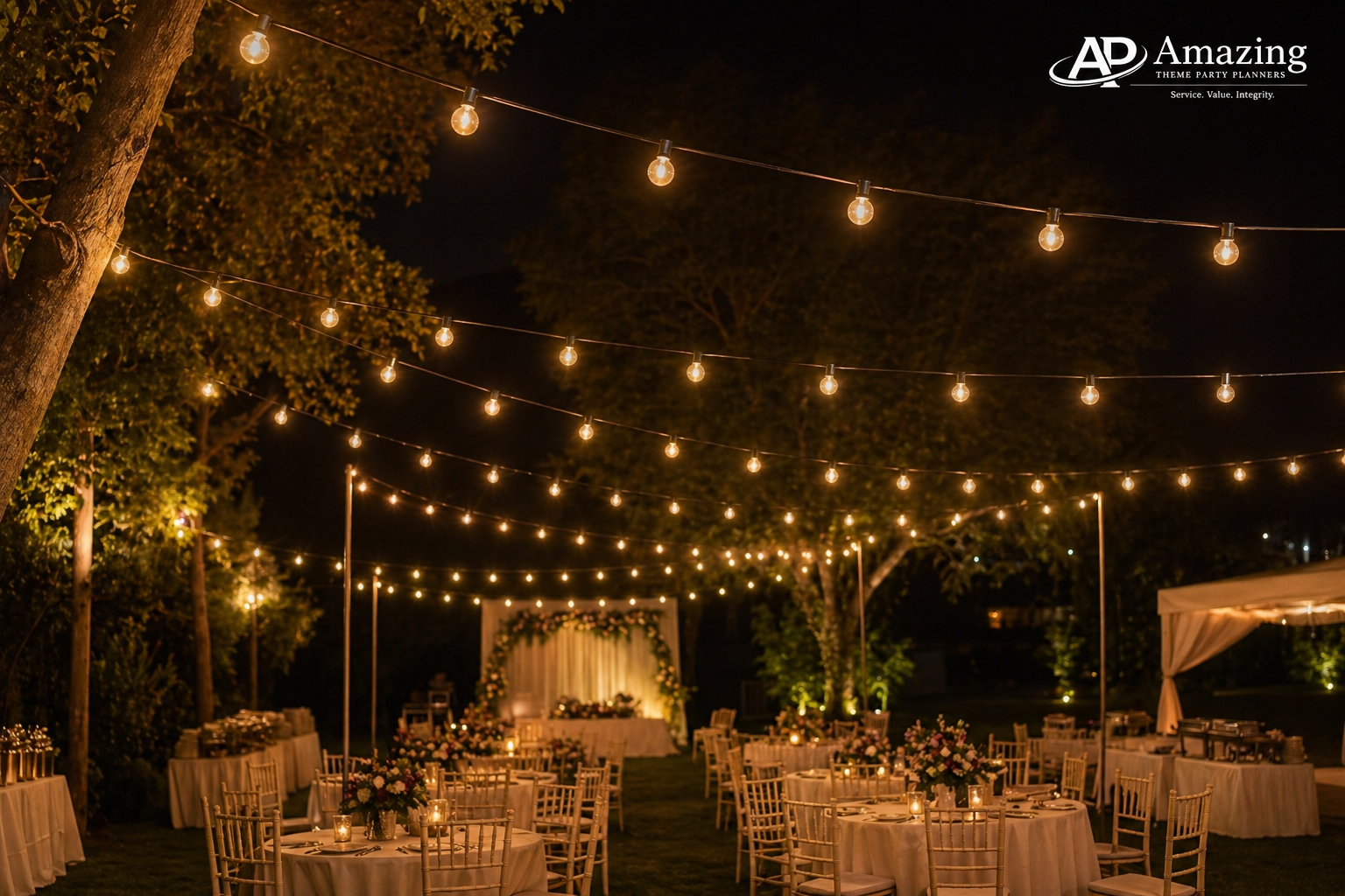 Festoon lights 30m installed across trees in a Nairobi garden wedding venue