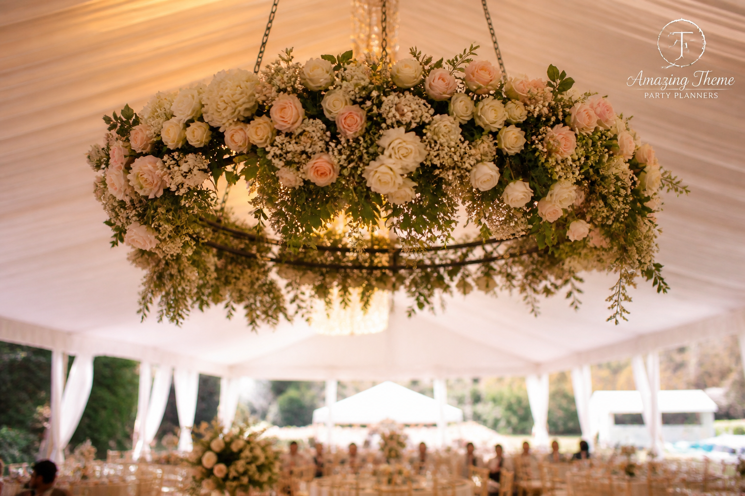 floral chandelier hire Nairobi luxury wedding tent ceiling floral installation