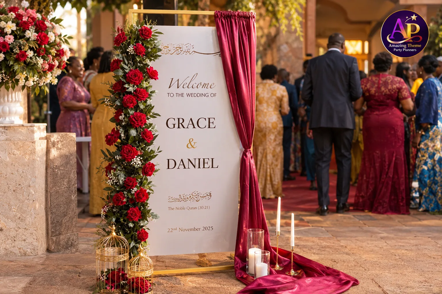 Customised floral welcome sign hire in Nairobi displayed at a luxury wedding entrance.