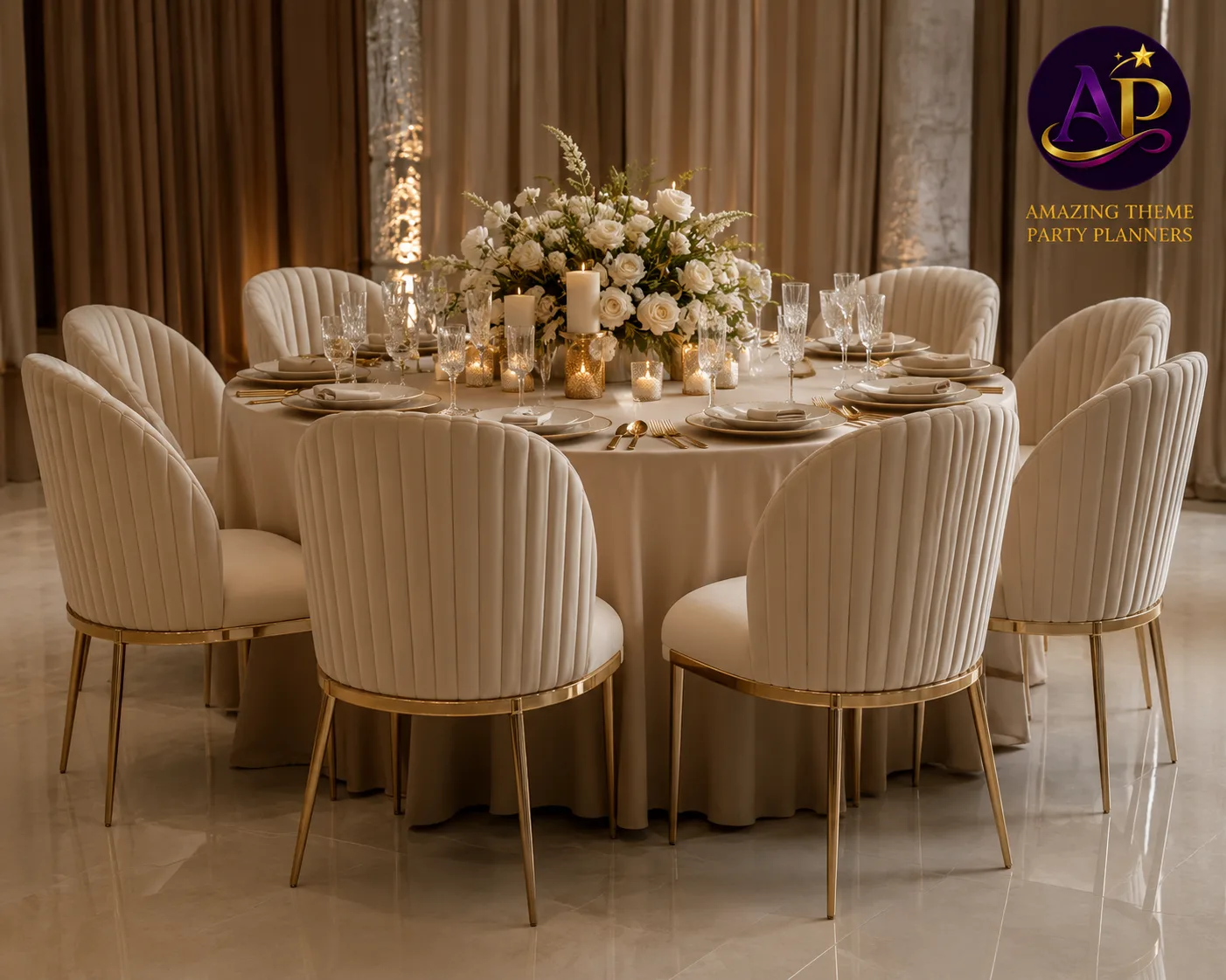 Flute Chair Hire Nairobi arranged around a luxury event dining table.