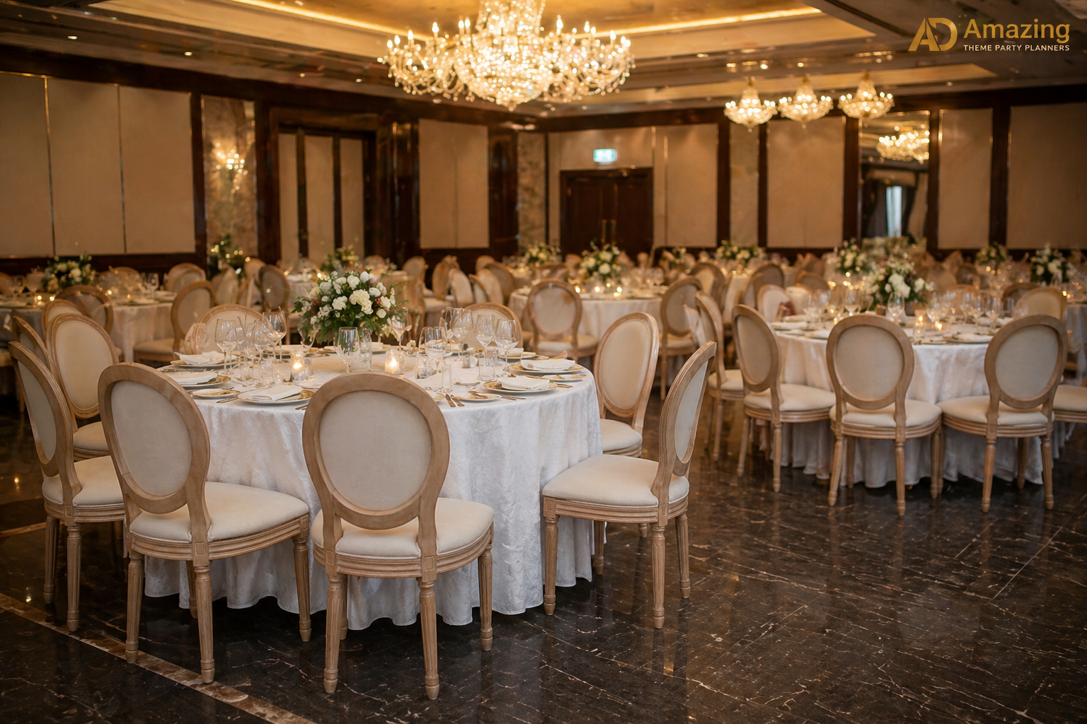French Louis chairs arranged around banquet tables in a Nairobi hotel ballroom reception