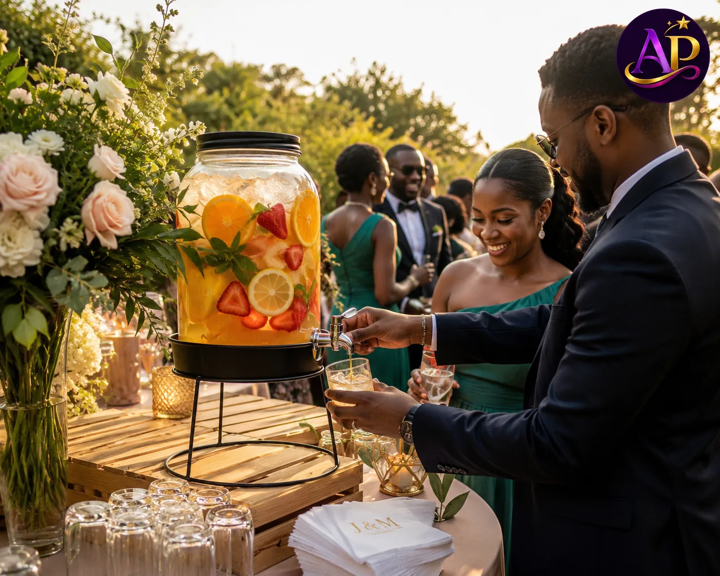 9L glass beverage dispenser with stand hire in Nairobi serving fresh lemonade at a luxury garden wedding.