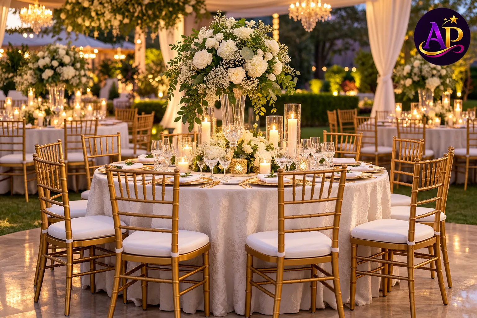 Gold Chiavari Dining Chairs arranged for an elegant luxury wedding reception in Nairobi