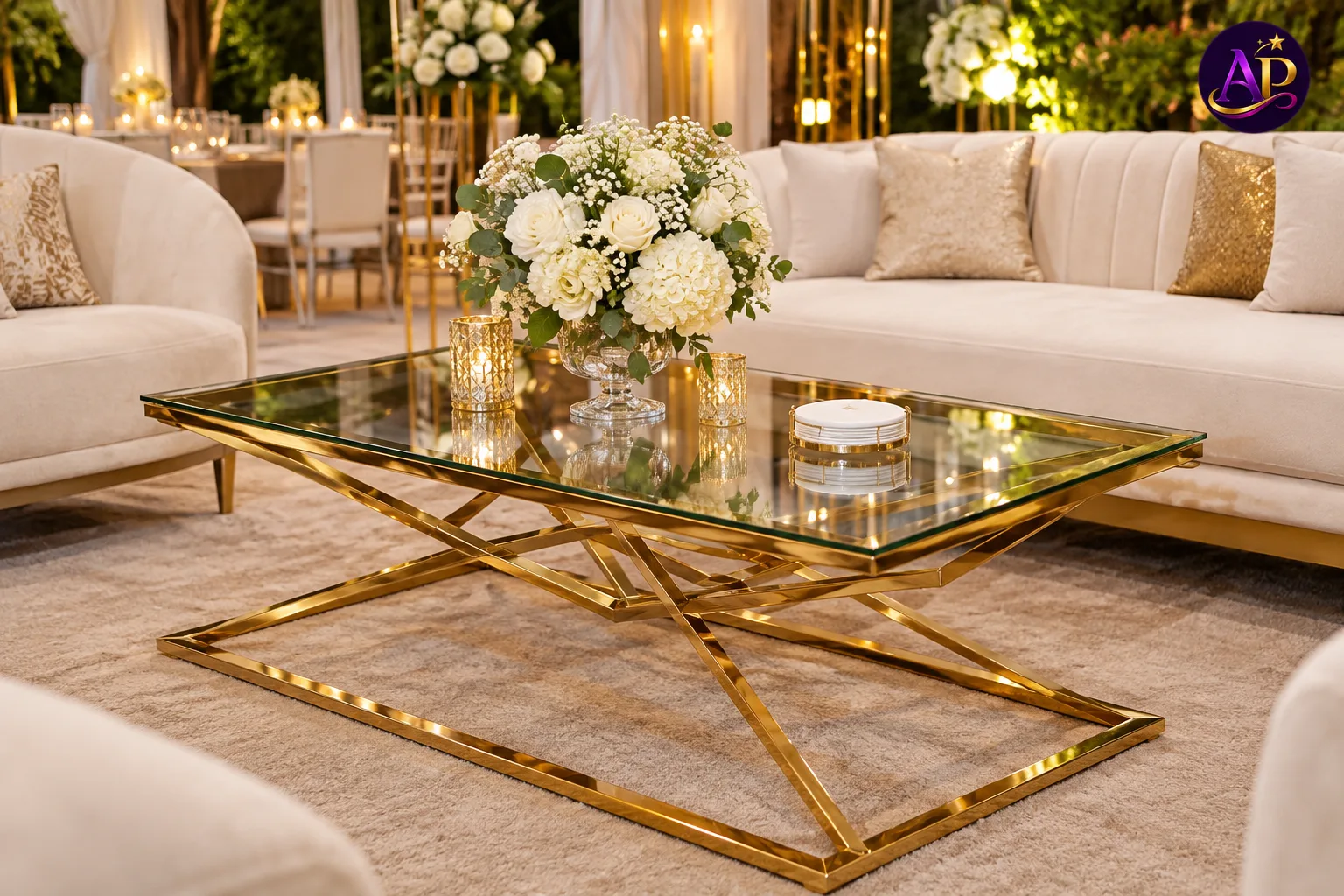 Gold Diamond-Pattern Coffee Table styled in a luxury VIP lounge at a Nairobi wedding