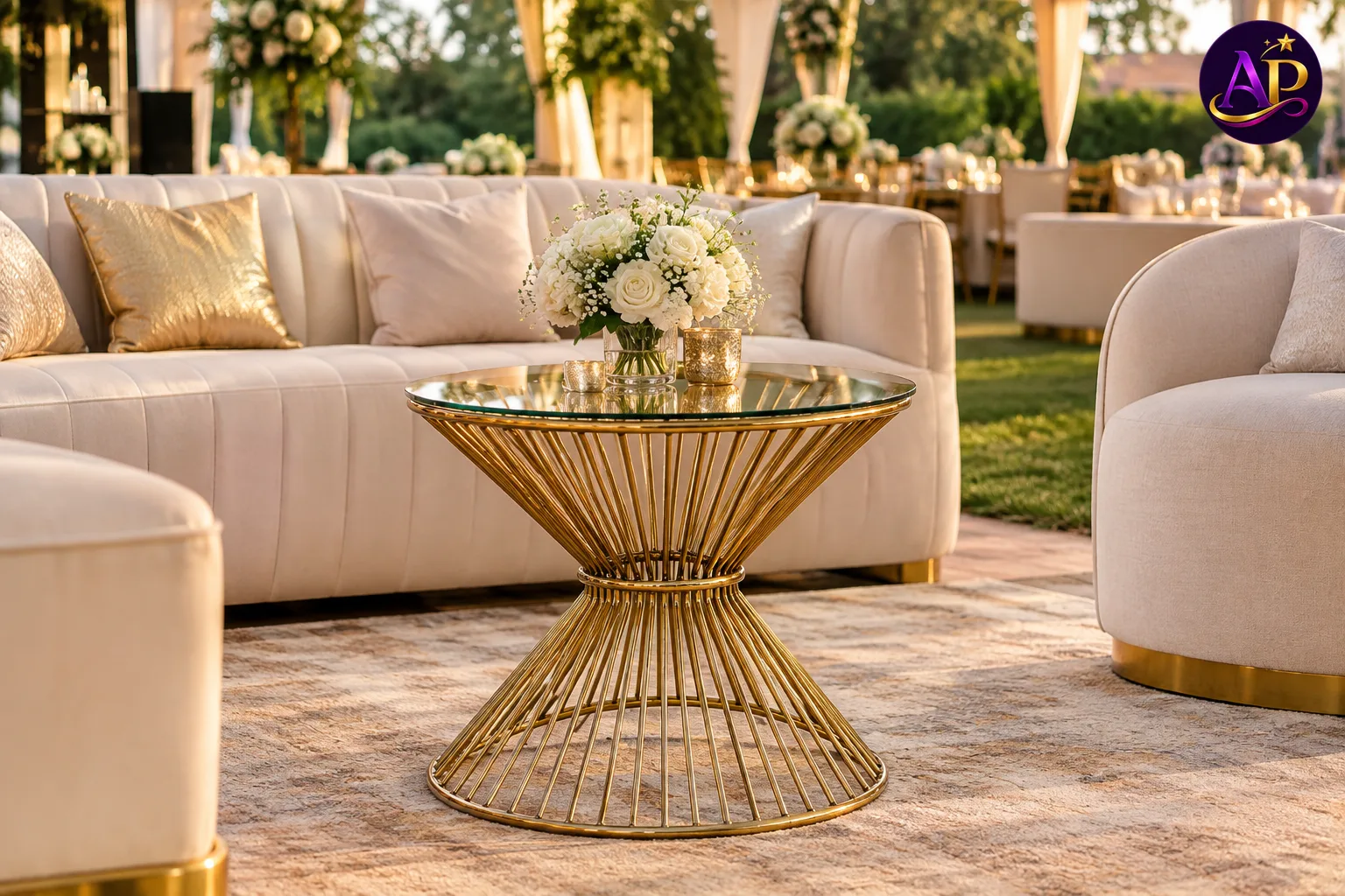 Gold Funnel Coffee Table styled in a luxury VIP lounge at a Nairobi wedding