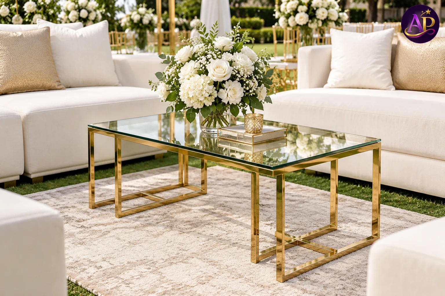 Gold Rectangular Glass Coffee Table with geometric gold frame at a luxury Nairobi wedding