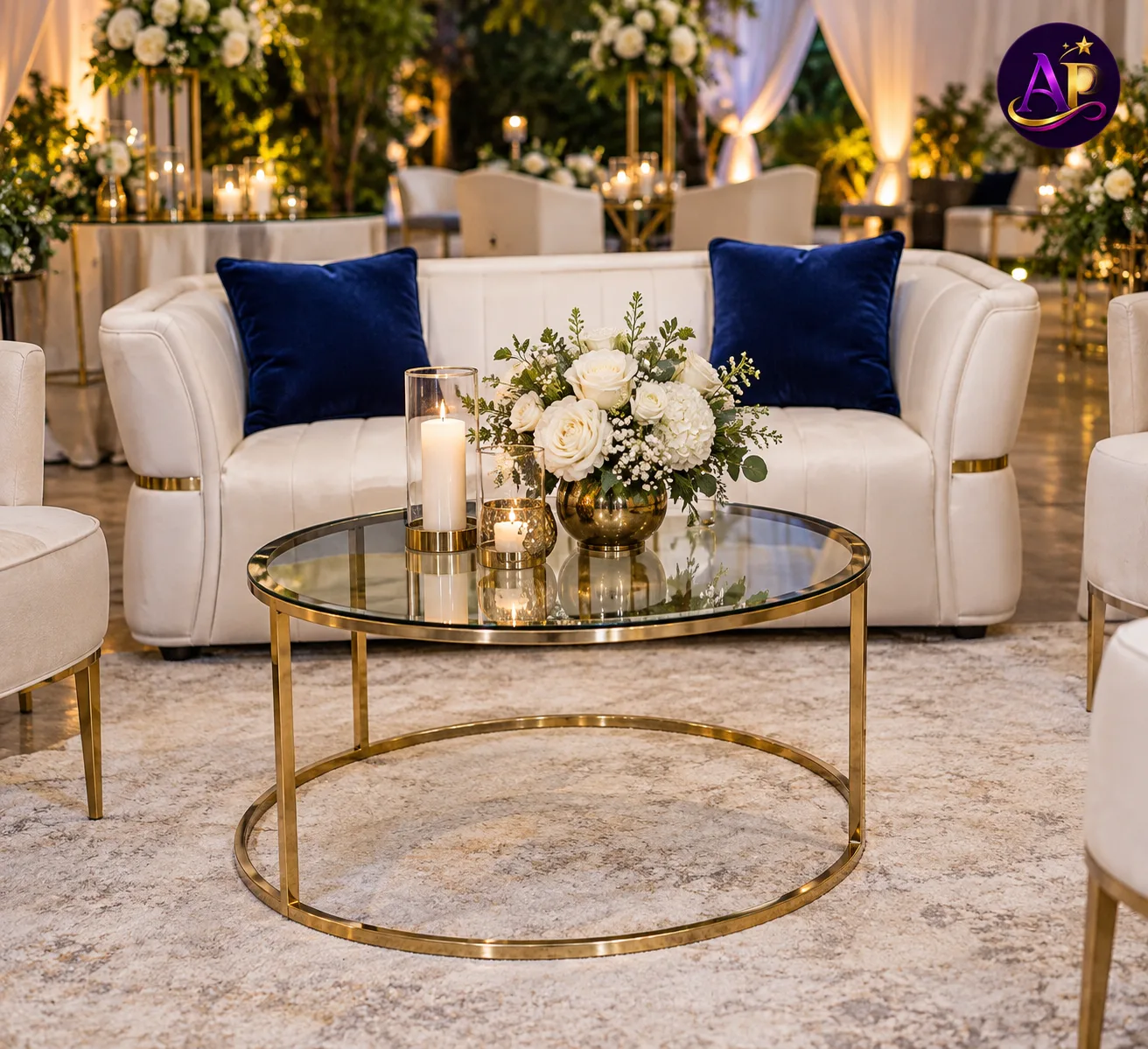 Grand Gold Round Coffee Table styled in a luxury VIP lounge at a Nairobi wedding reception