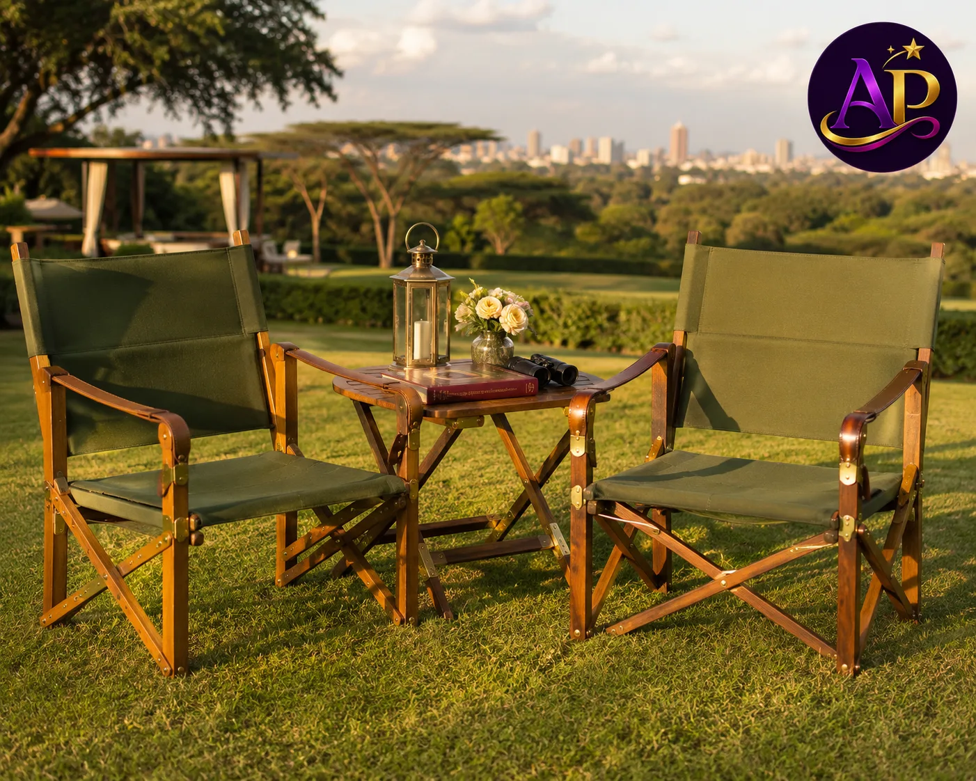 Green Canvas Safari Chair Set Hire Nairobi in a luxury garden lounge.
