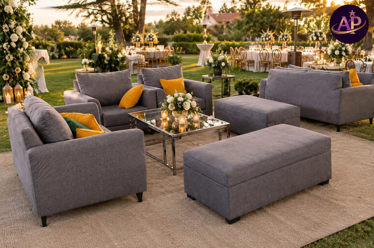 Grey Cushioned Lounge Set with Ottomans at a luxury Nairobi wedding