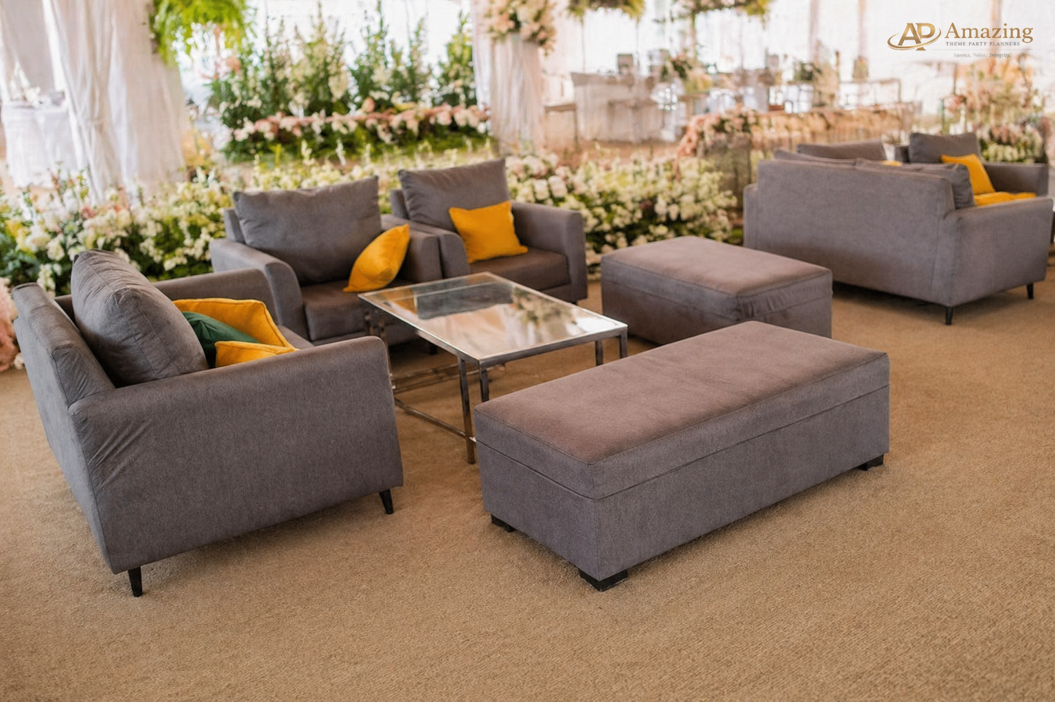 Grey Cushioned Lounge Set with Ottomans