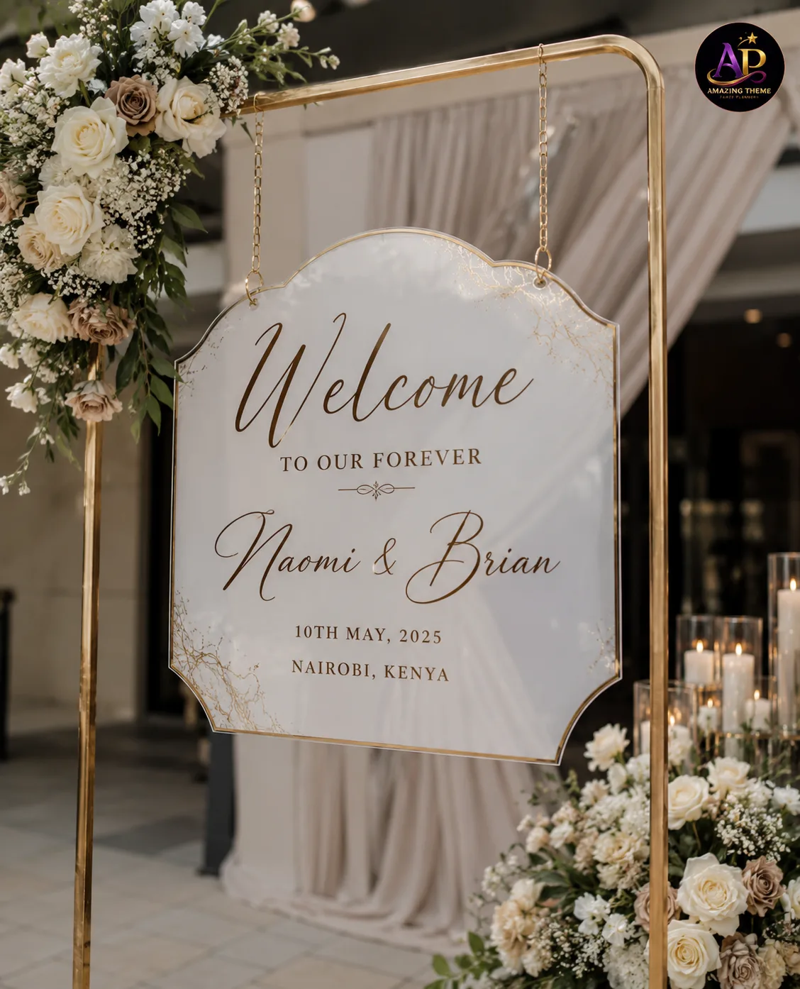 Hanging Welcome Sign Hire Nairobi displayed at a luxury wedding or event entrance.