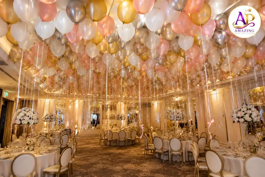 Helium Balloon Hire Nairobi installation with elegant floating balloons at a luxury event venue.