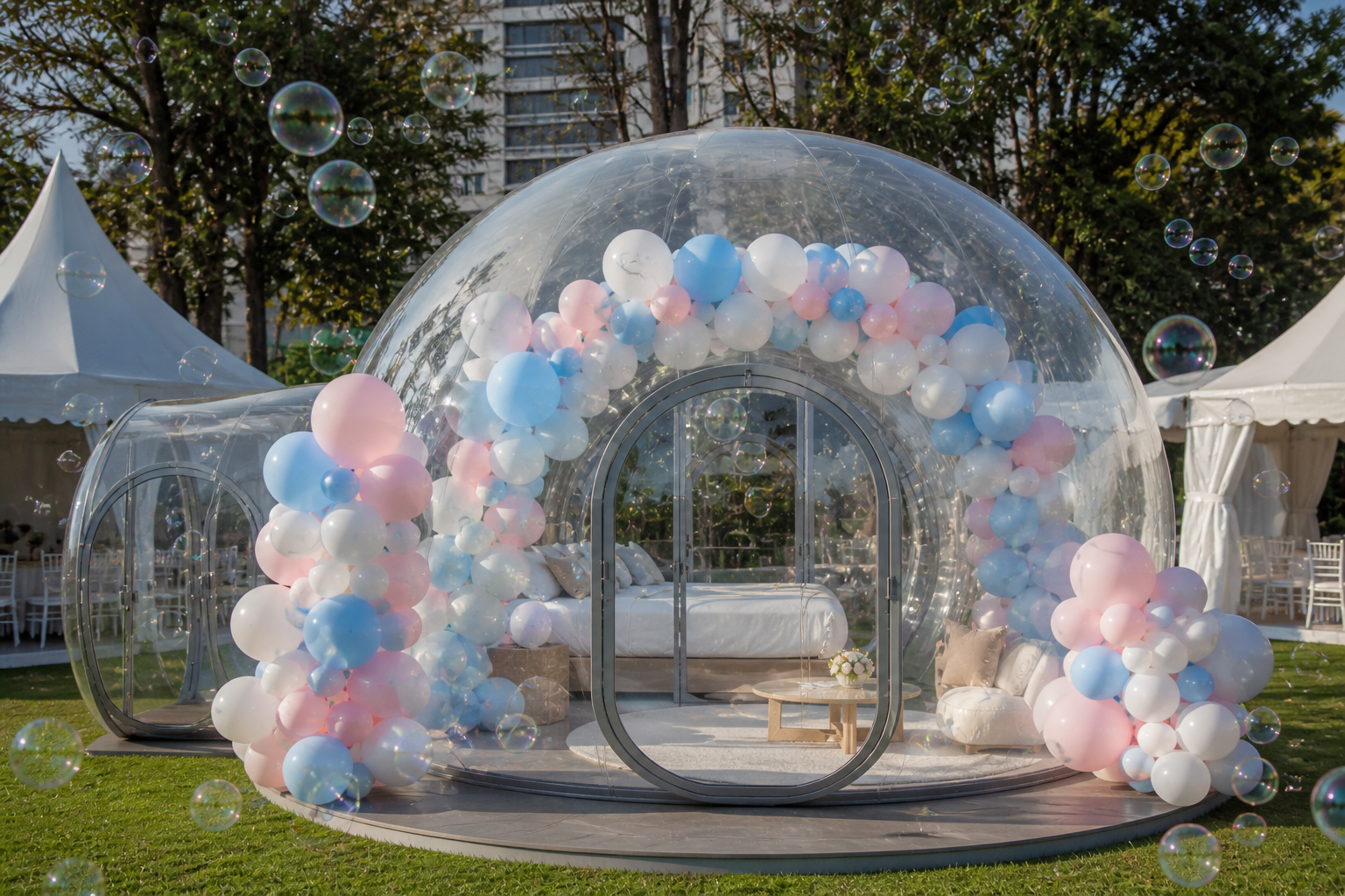 inflatable dome bubble house Nairobi Kilimani backyard decorated with balloons