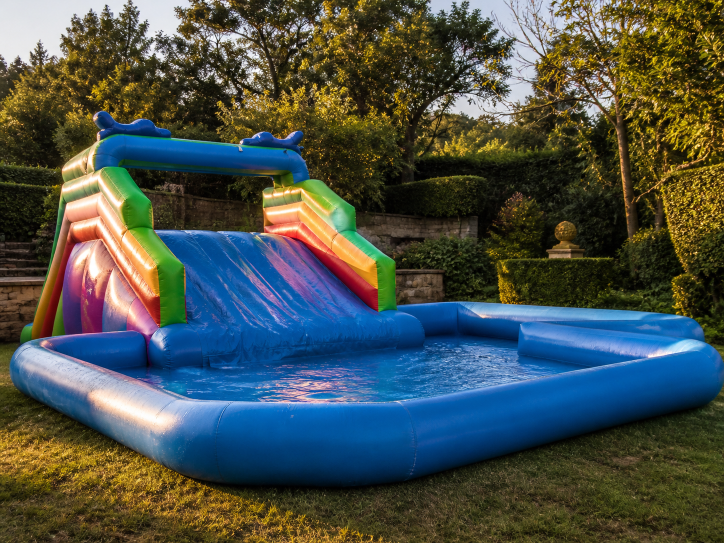 Water slide hire Nairobi inflatable set up in Karen garden with splash pool landing area