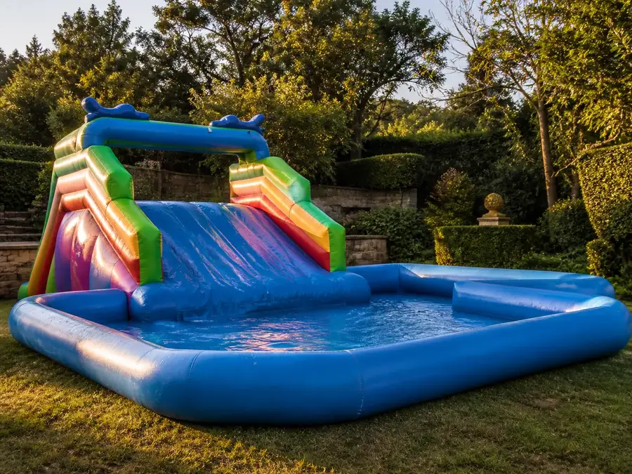 Water slide hire Nairobi inflatable set up in Karen garden with splash pool landing area