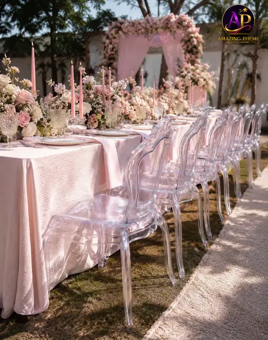 Jade Chair Hire Nairobi transparent acrylic event chairs styled at a luxury party table.