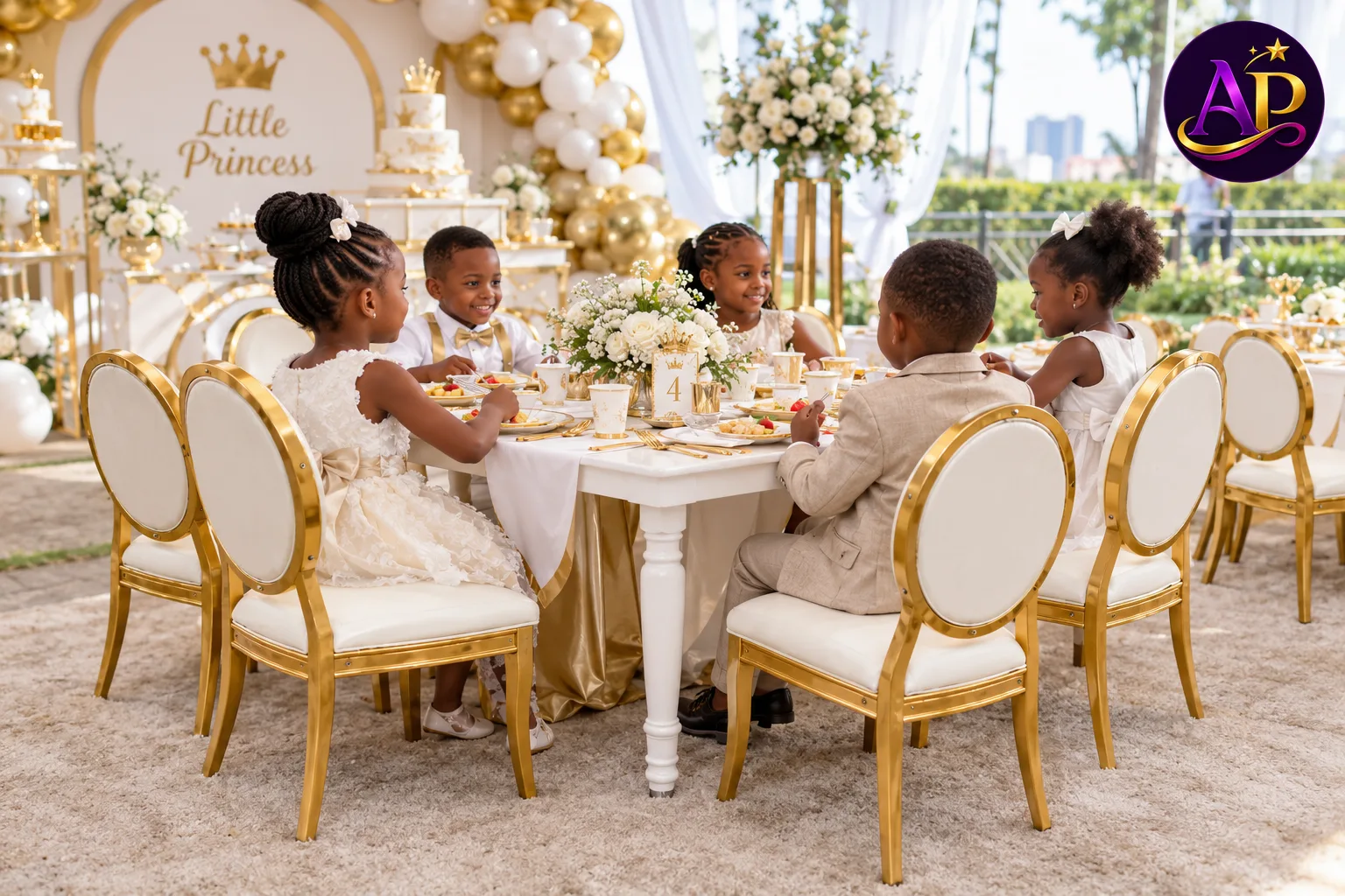 Kiddie Ella Seat in gold and white arranged at a premium children's party
