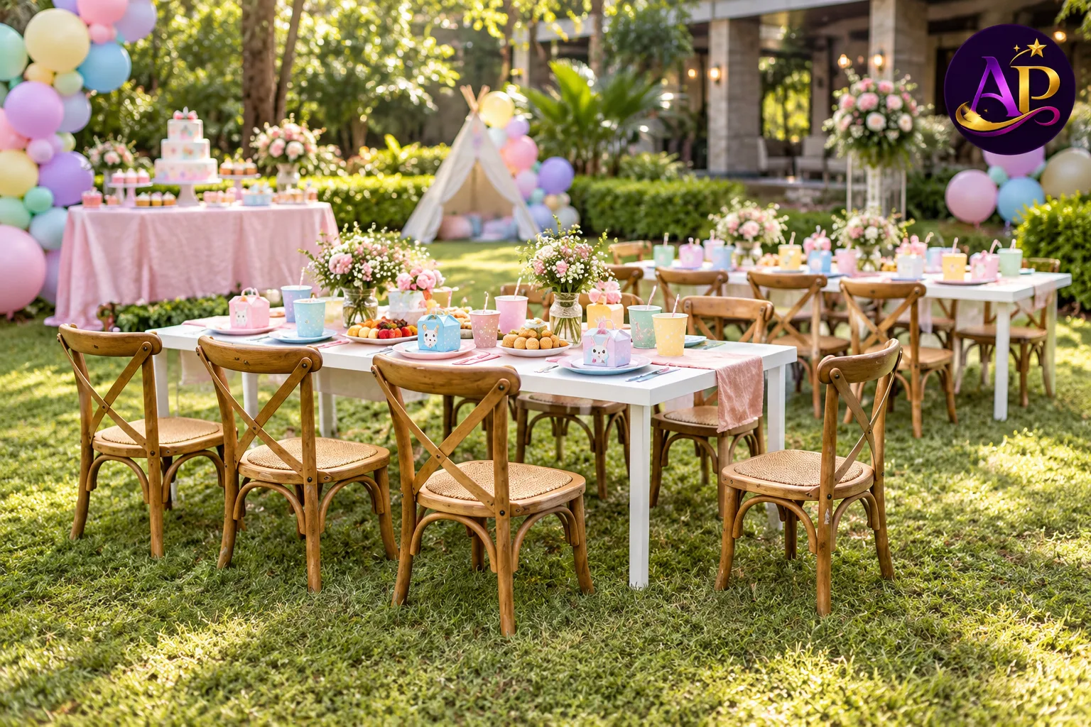 Kiddie Rustic Cross-Back Seat arranged at a premium children's party