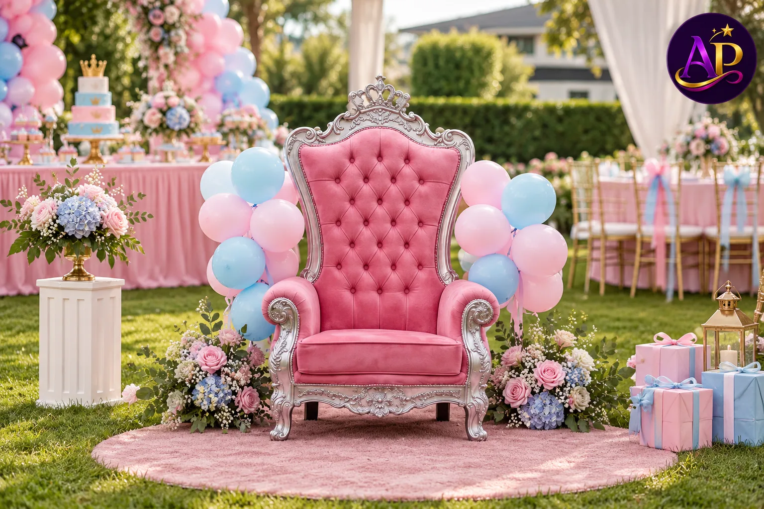 Kiddie Throne Seat Pink or Blue displayed at a luxury children's birthday party