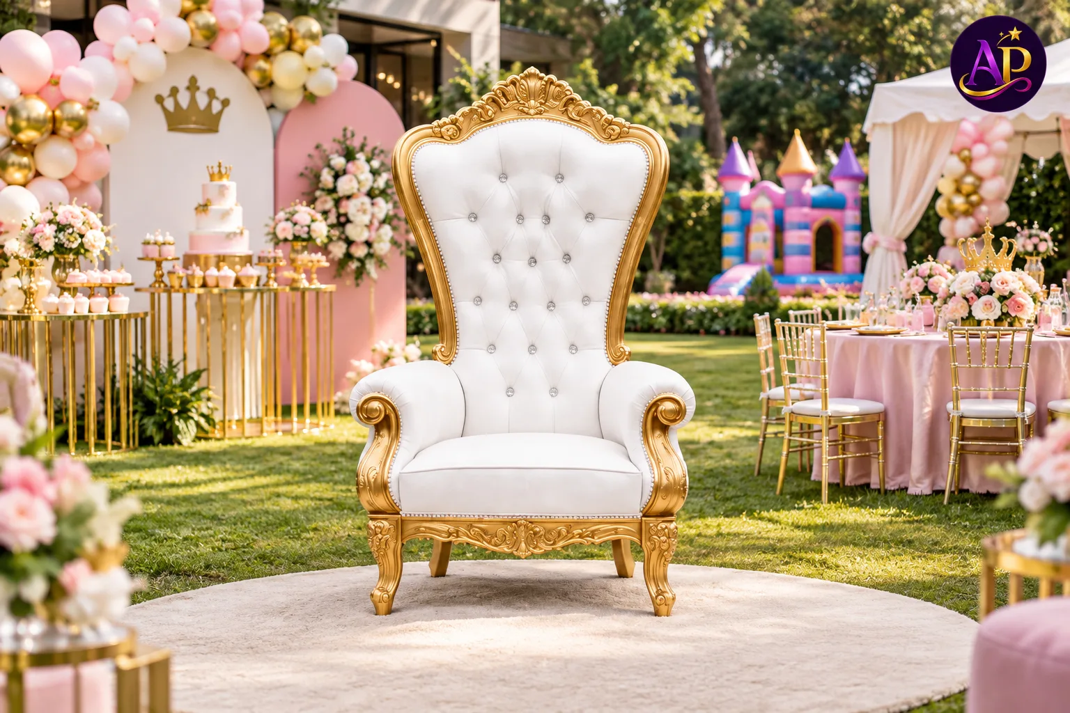 Kiddie Throne Seat White displayed as the centrepiece of a luxury children's party