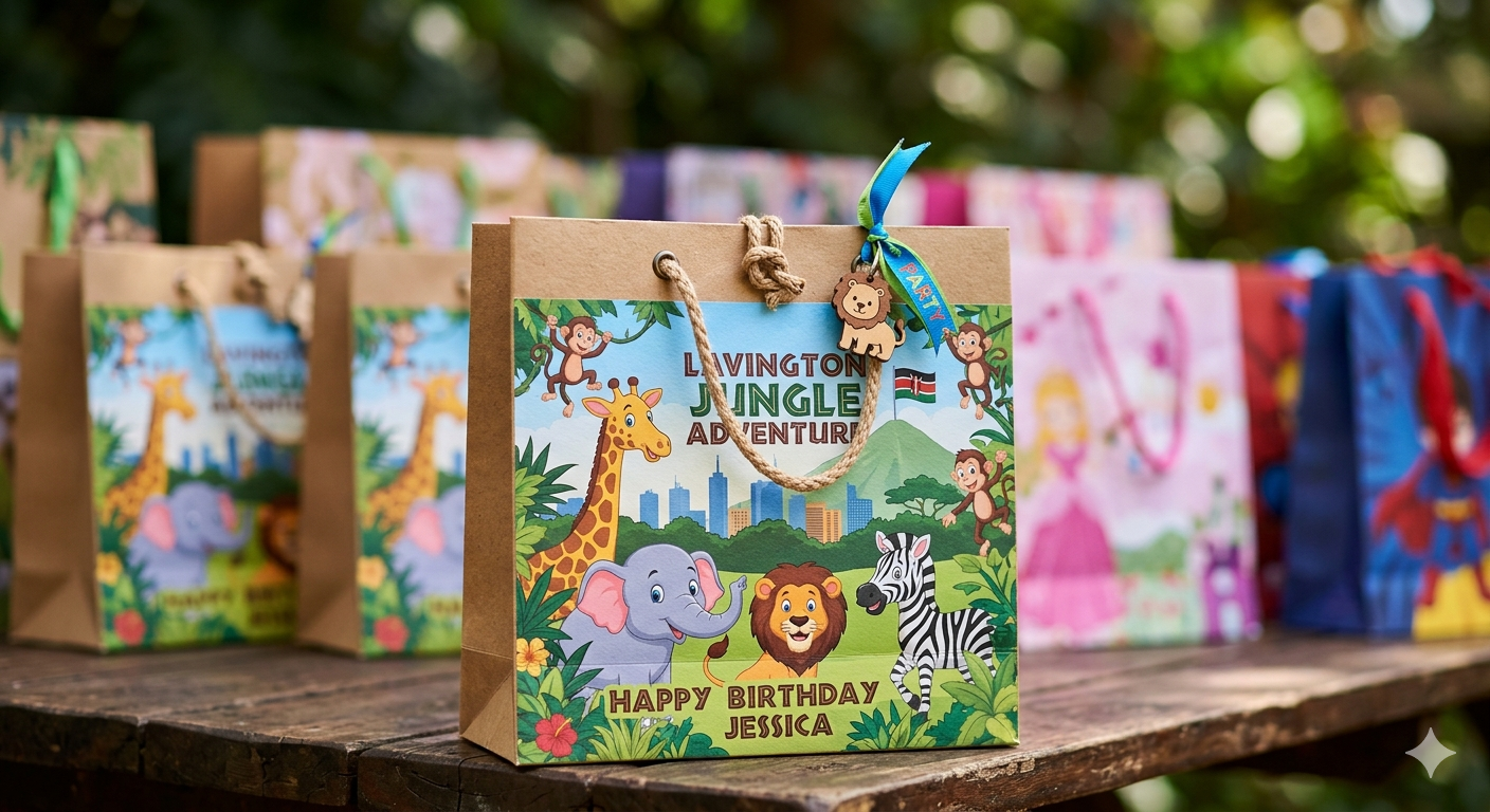 kids party gift bags Nairobi themed birthday favour bags display
