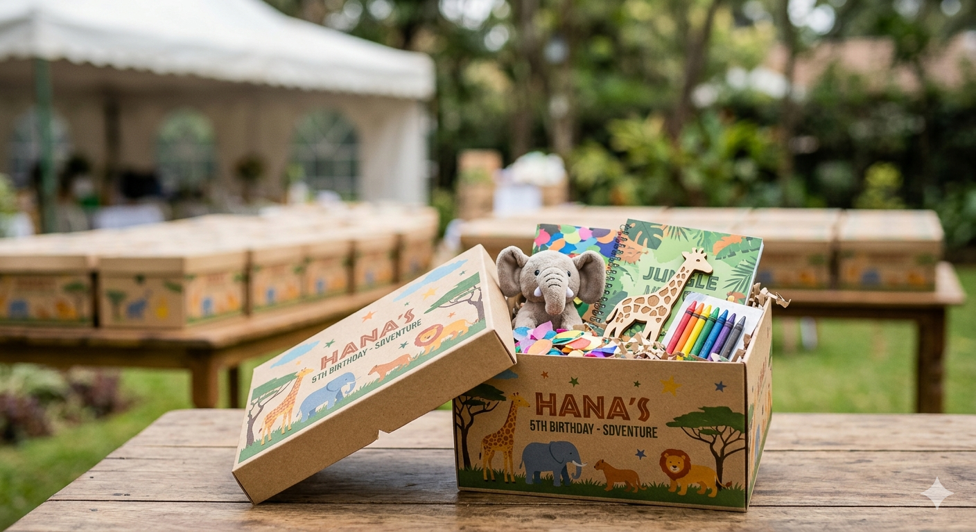 kids party gift boxes Nairobi themed birthday favour boxes display