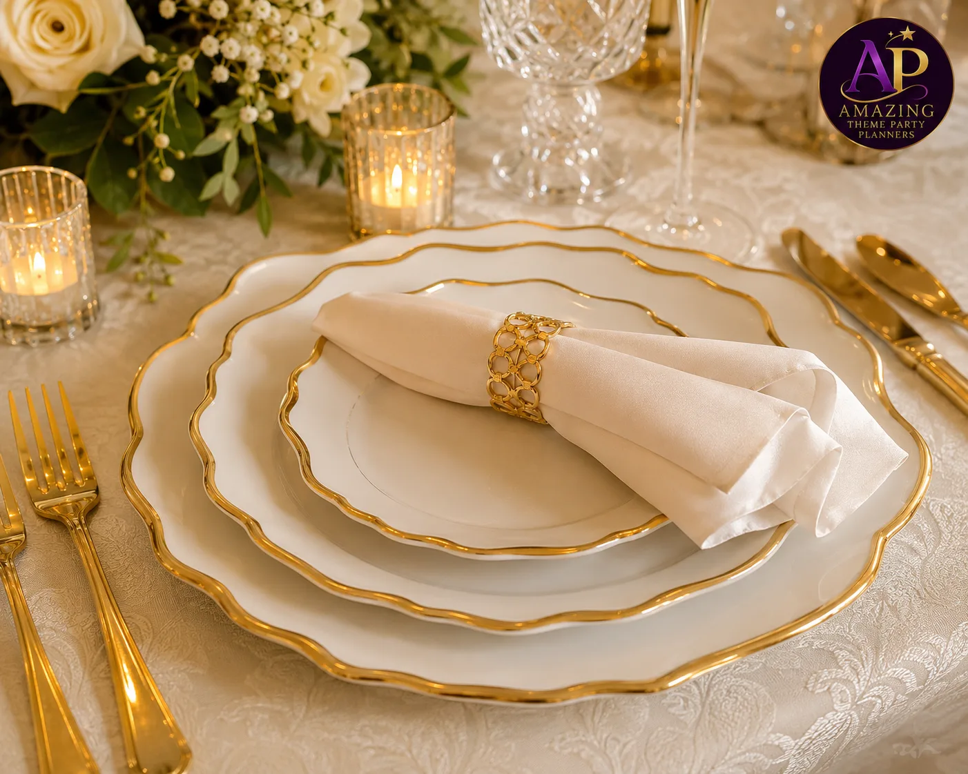 Layered Ceramic Plates Hire Nairobi scalloped gold-rim three-piece luxury place setting for events.