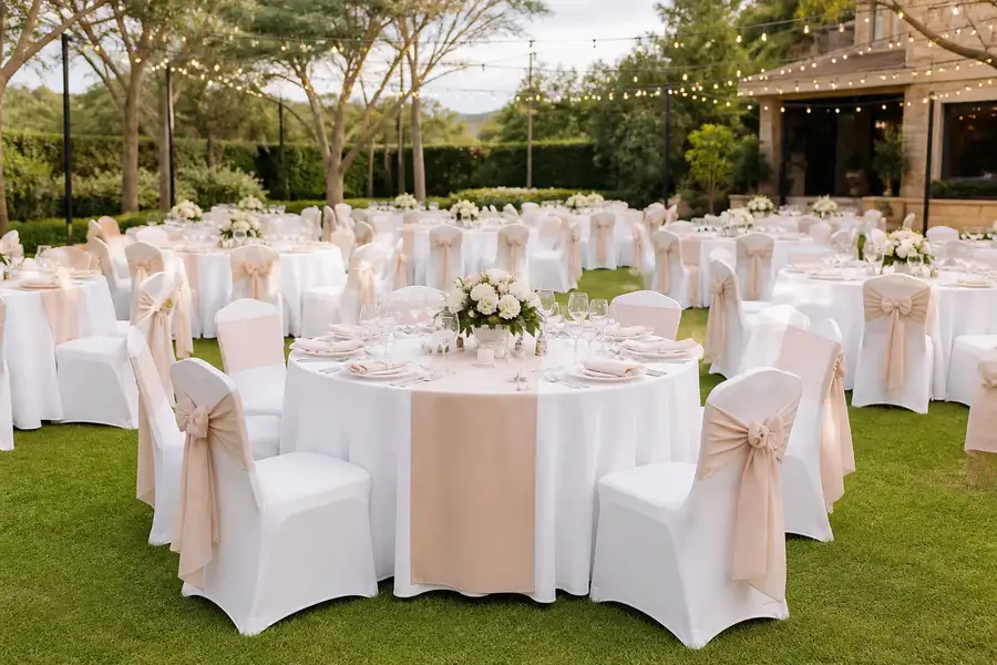 white satin table linen and chair covers dressed for a wedding reception in Nairobi