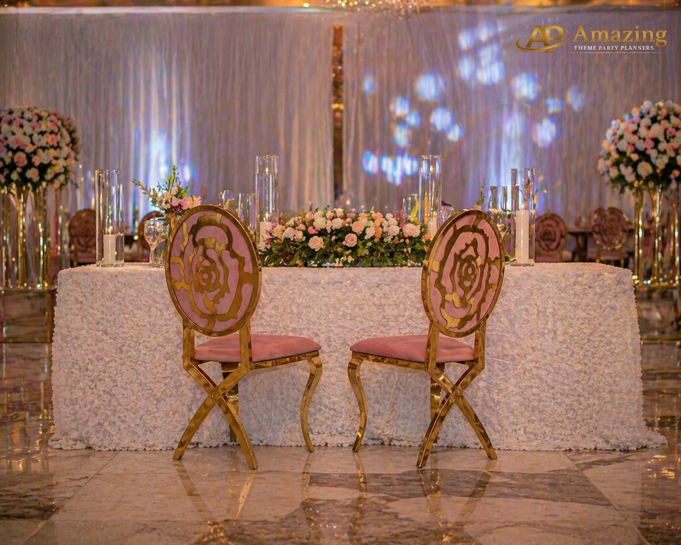 Pair of Luxury Ella chairs showing fabric front and glossy backrest at a Nairobi rooftop event during sunset