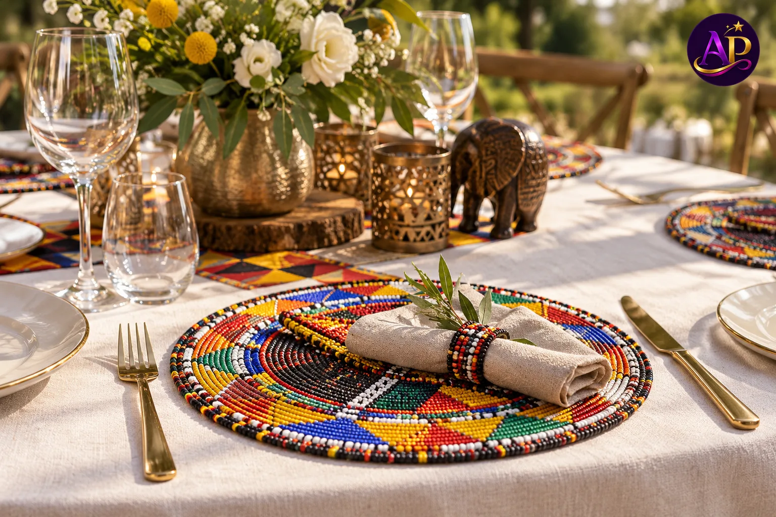 Maasai Beaded Heritage Table Mat styled on a luxury event table in Nairobi