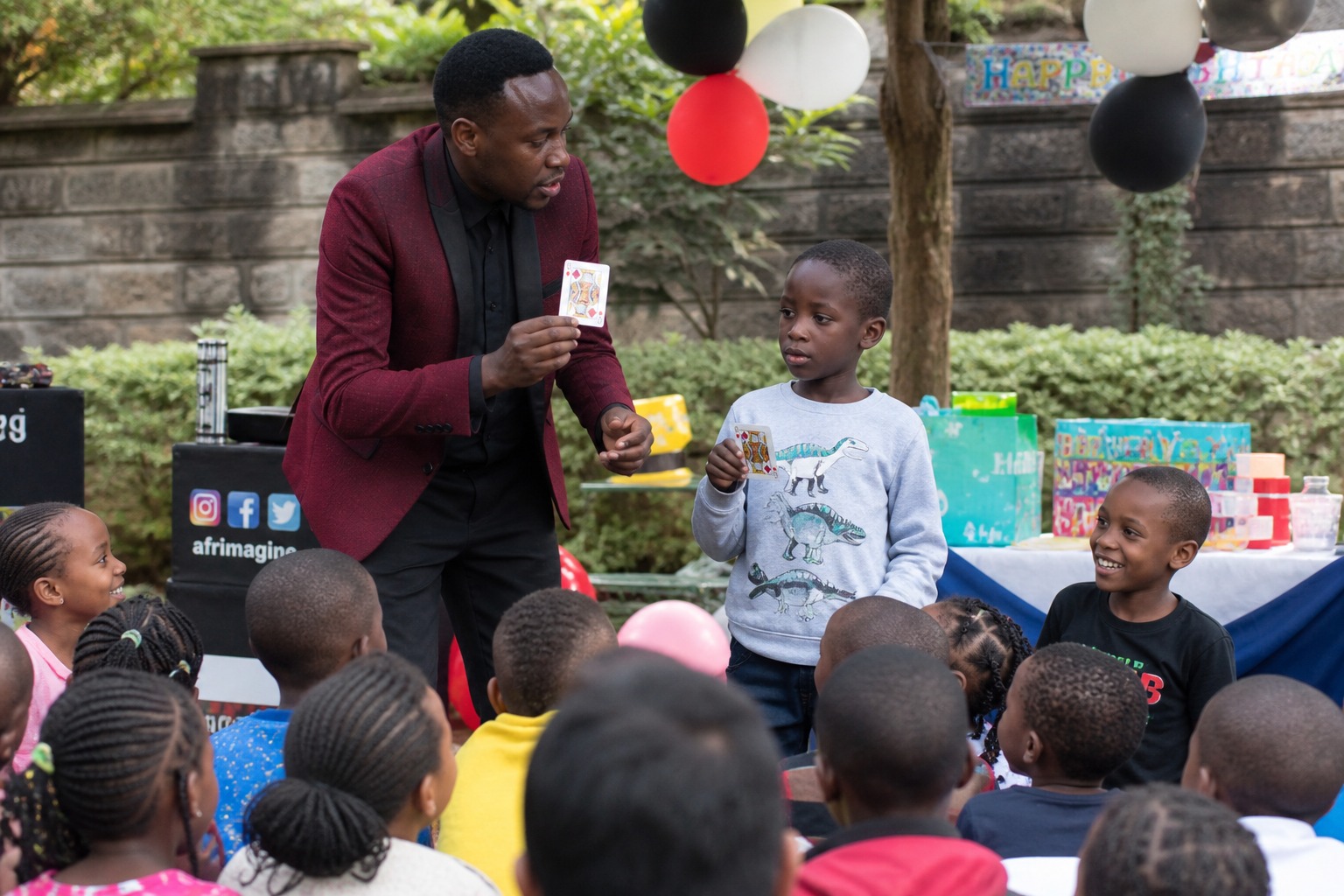 magic show hire Nairobi kids birthday magician performing interactive tricks