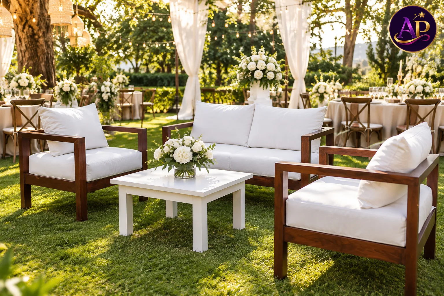 Mahogany and Cypress White Lounge Set at a luxury Nairobi garden wedding