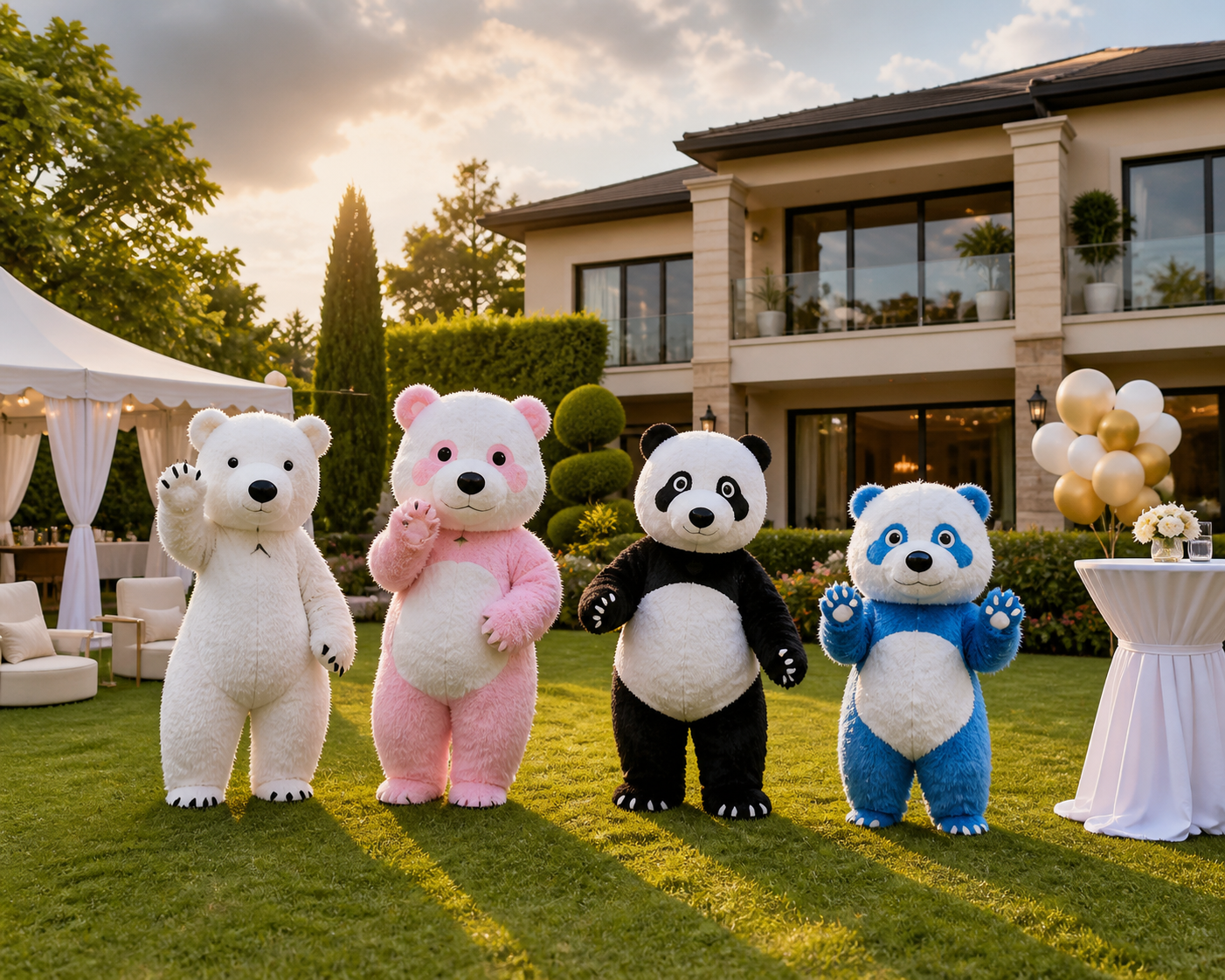 Luxury mascot entertainment in Nairobi: four bear mascots posing on a premium backyard party setup with elegant décor