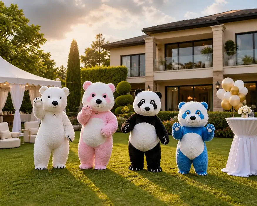 Luxury mascot entertainment in Nairobi: four bear mascots posing on a premium backyard party setup with elegant décor