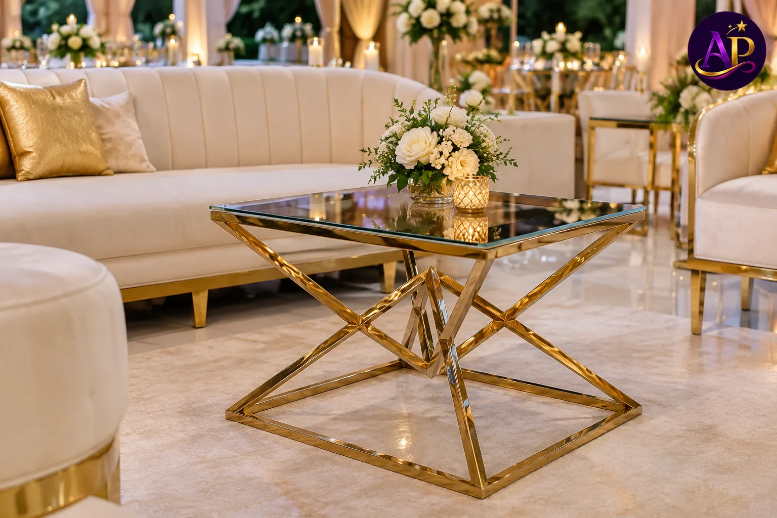Medium Gold Diamond Coffee Stool styled in a luxury VIP lounge at a Nairobi wedding