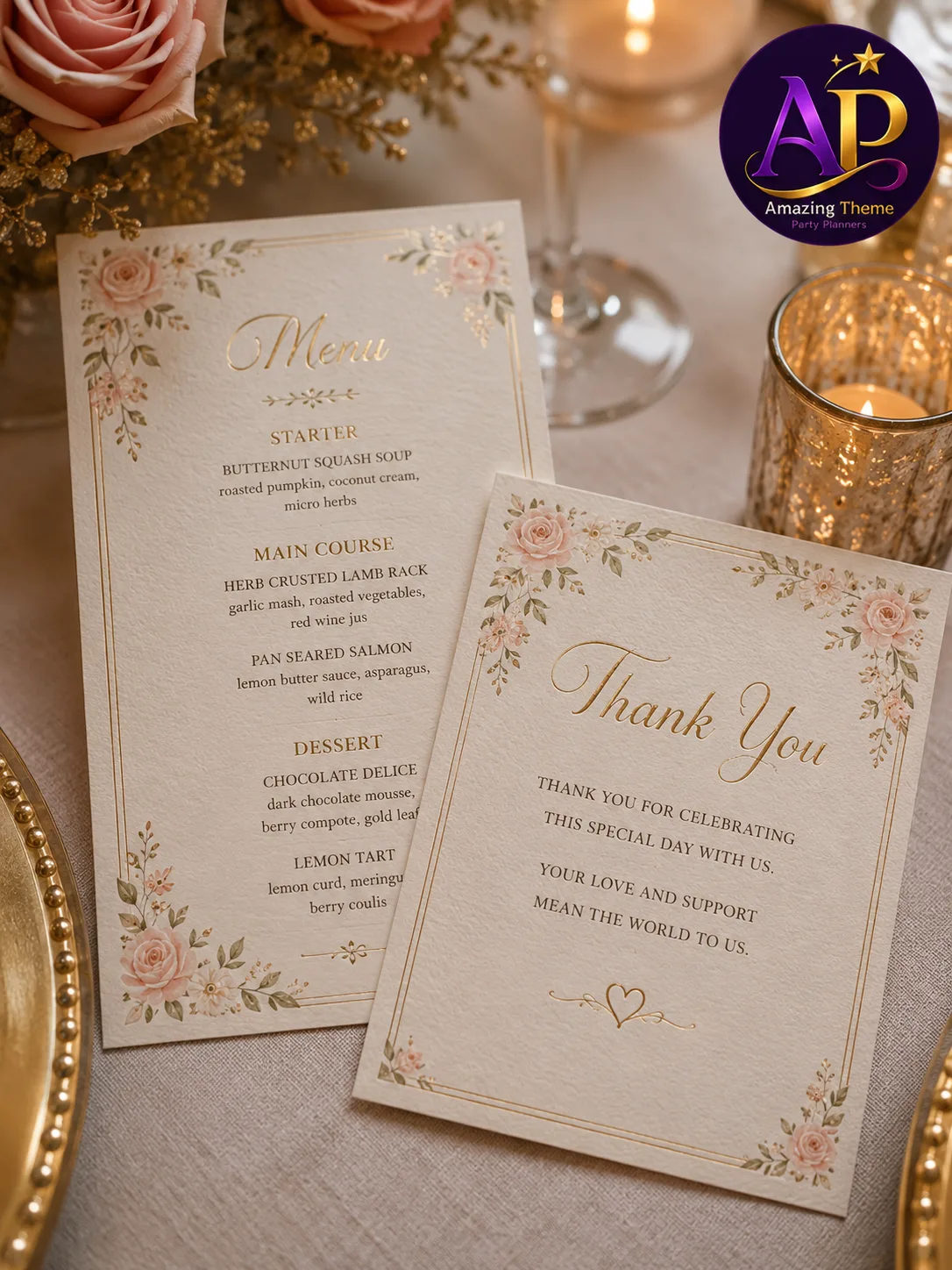 Menu Card and Thank You Card Hire Nairobi showcasing premium stationery.