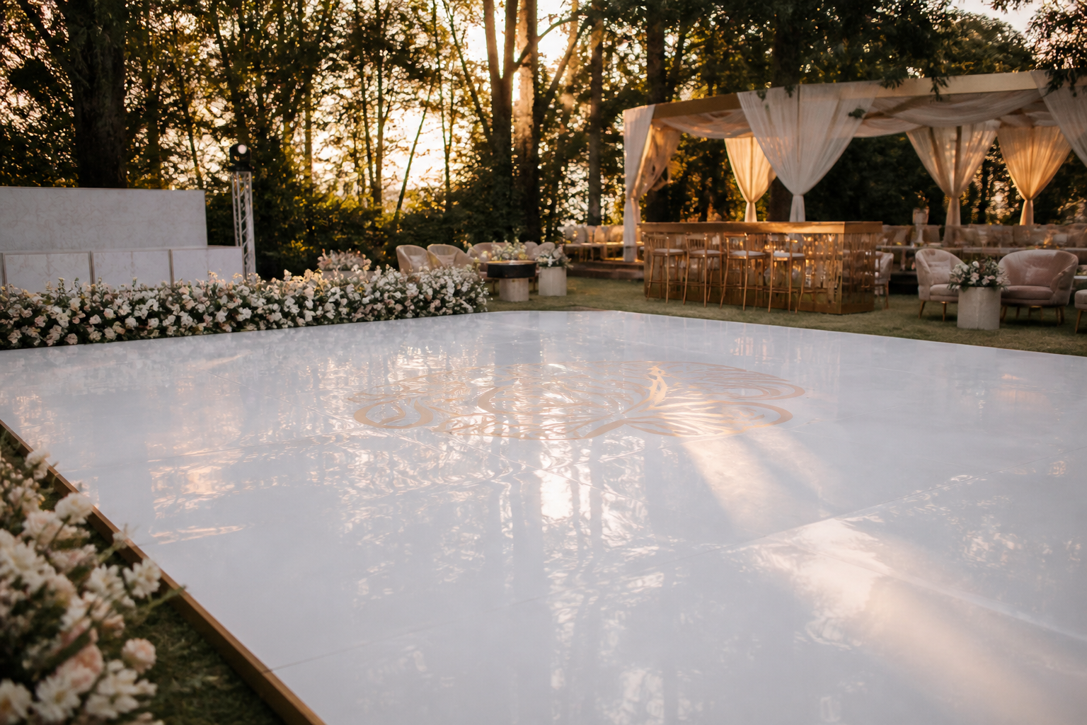 monogrammed dance floor hire Nairobi white glossy wedding setup Karen