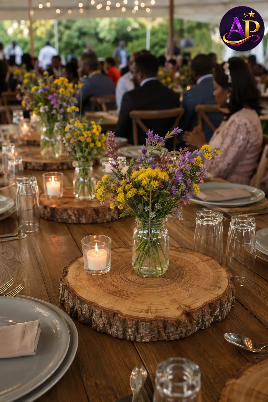Natural wood slice table mat hire in Nairobi for a rustic wedding table centrepiece.
