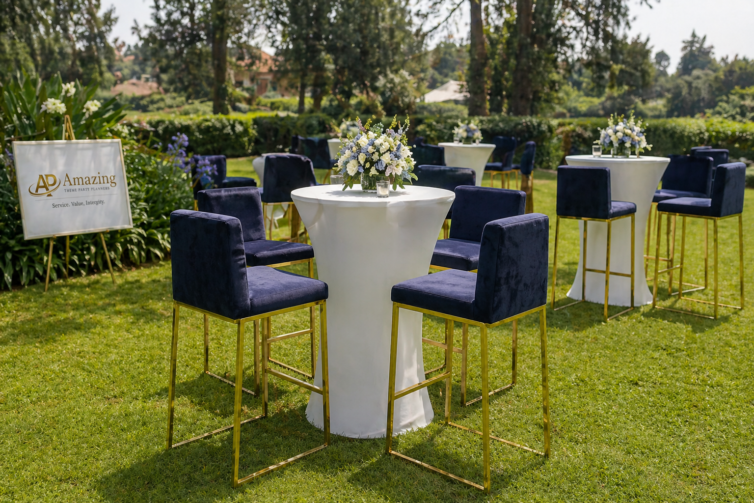 Navy blue designer bar stools arranged at Nairobi cocktail event