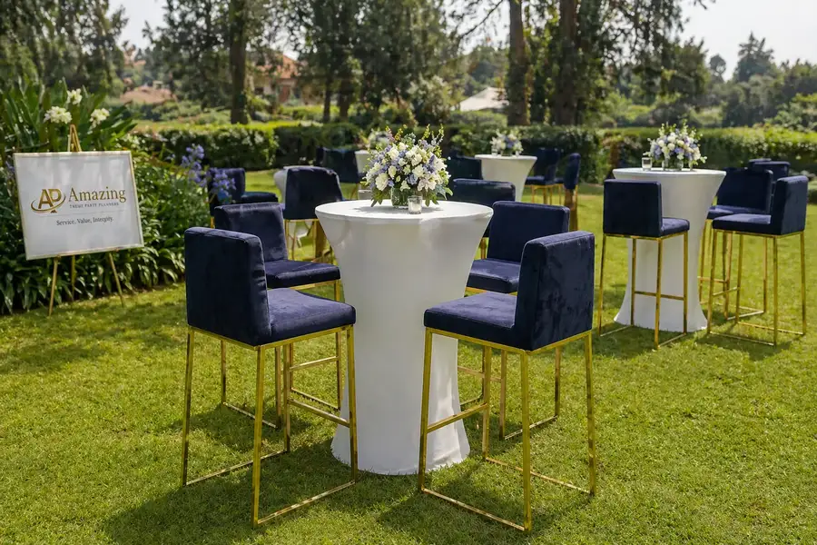 Navy blue designer bar stools arranged at Nairobi cocktail event