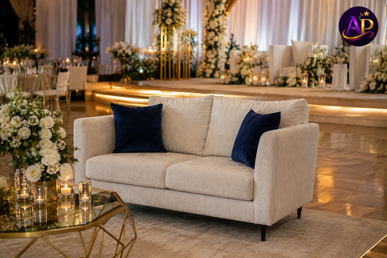 Off-White Luxury Velvet Two-Seater Sofa for hire Nairobi elegant event seating