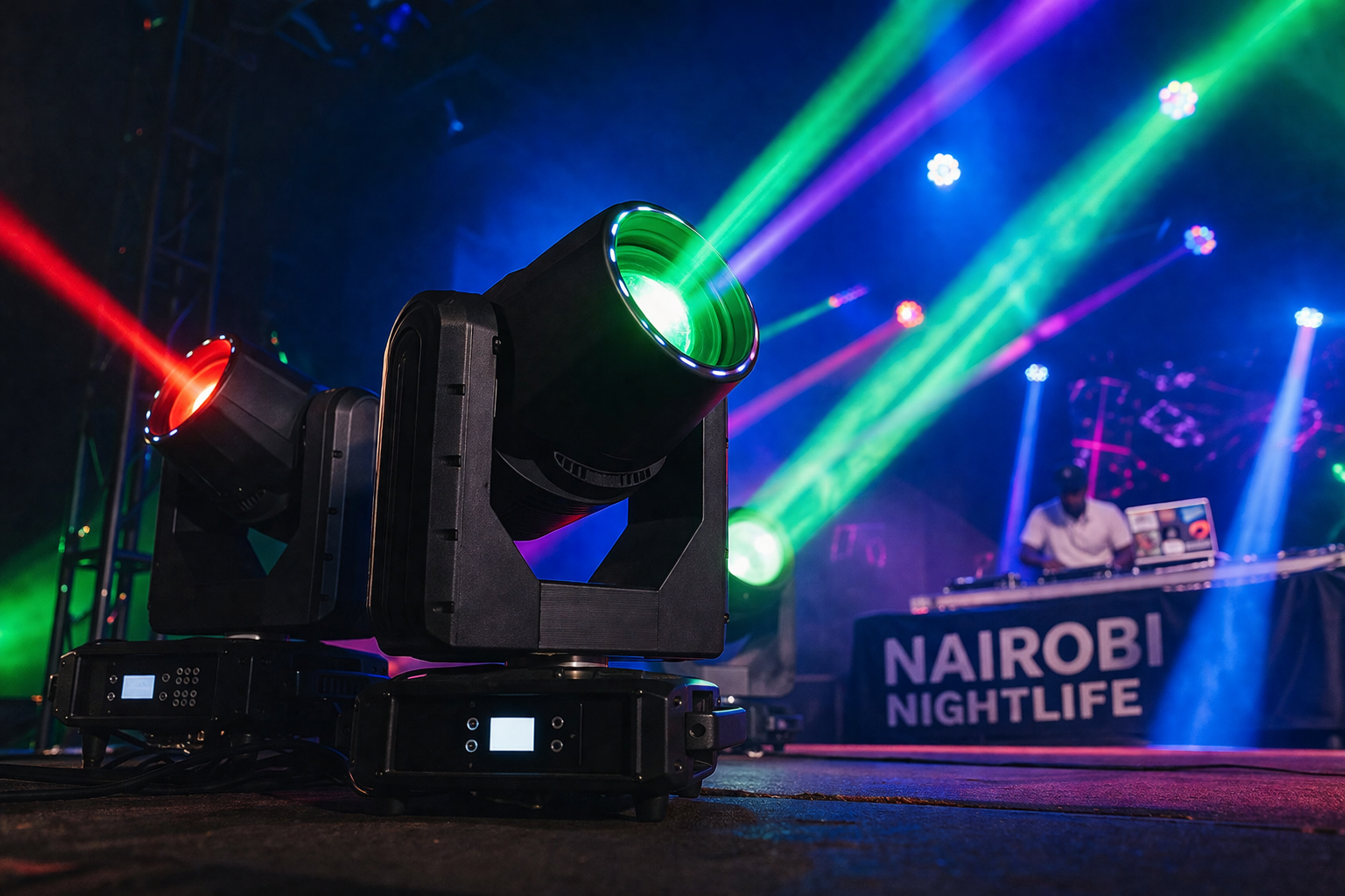 Moving head lights with colorful beams at Nairobi DJ party
