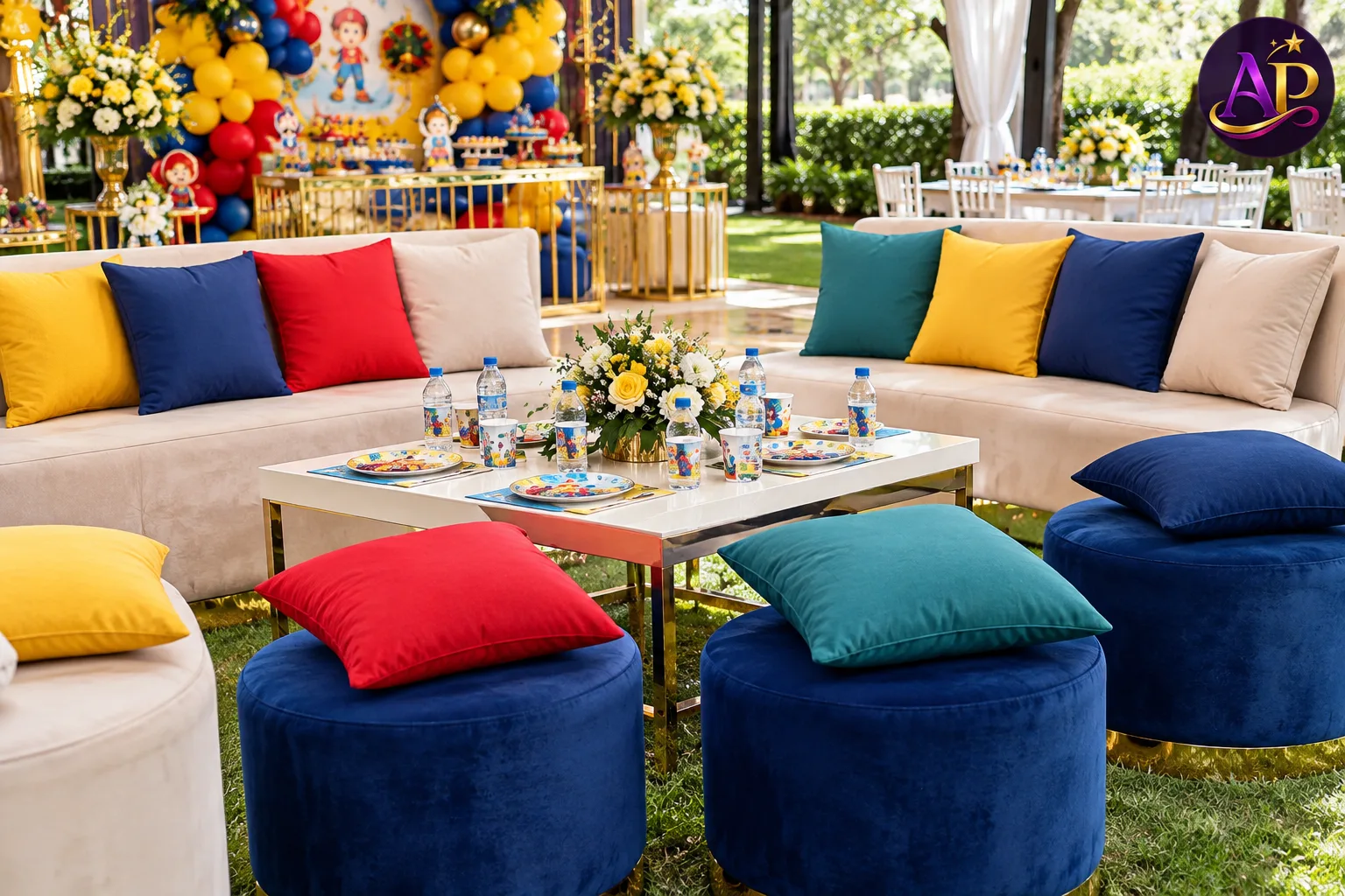 Party Cushions arranged in a colourful children's party seating setup