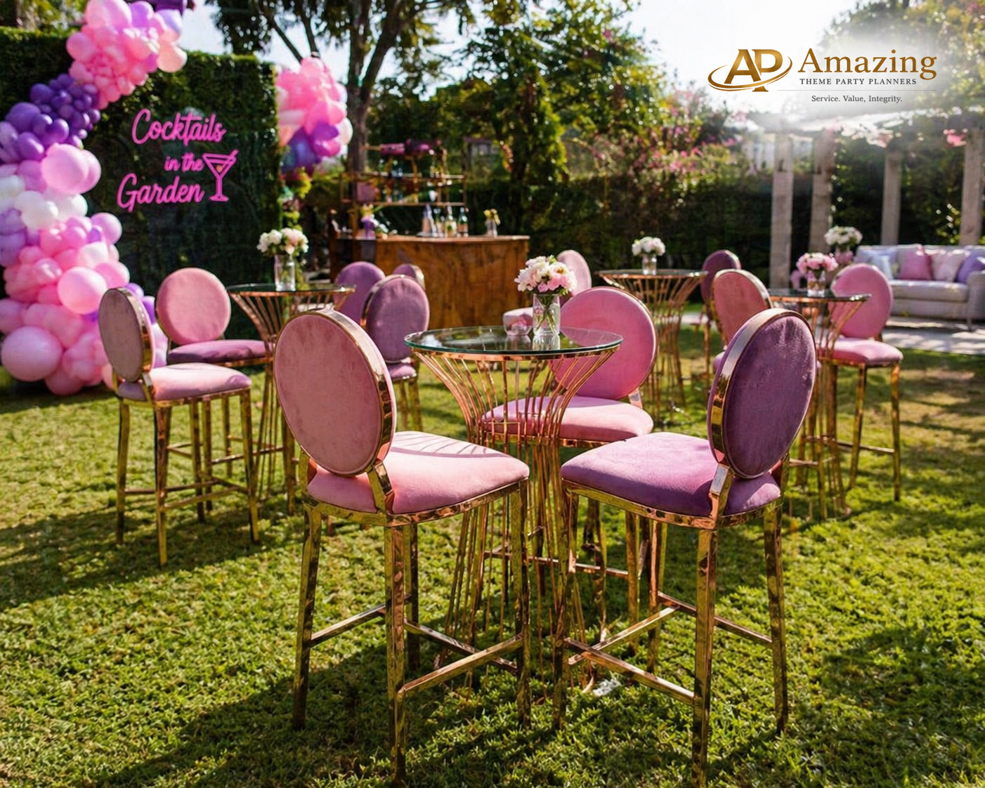 Pink and purple designer bar stools at Nairobi garden cocktail event