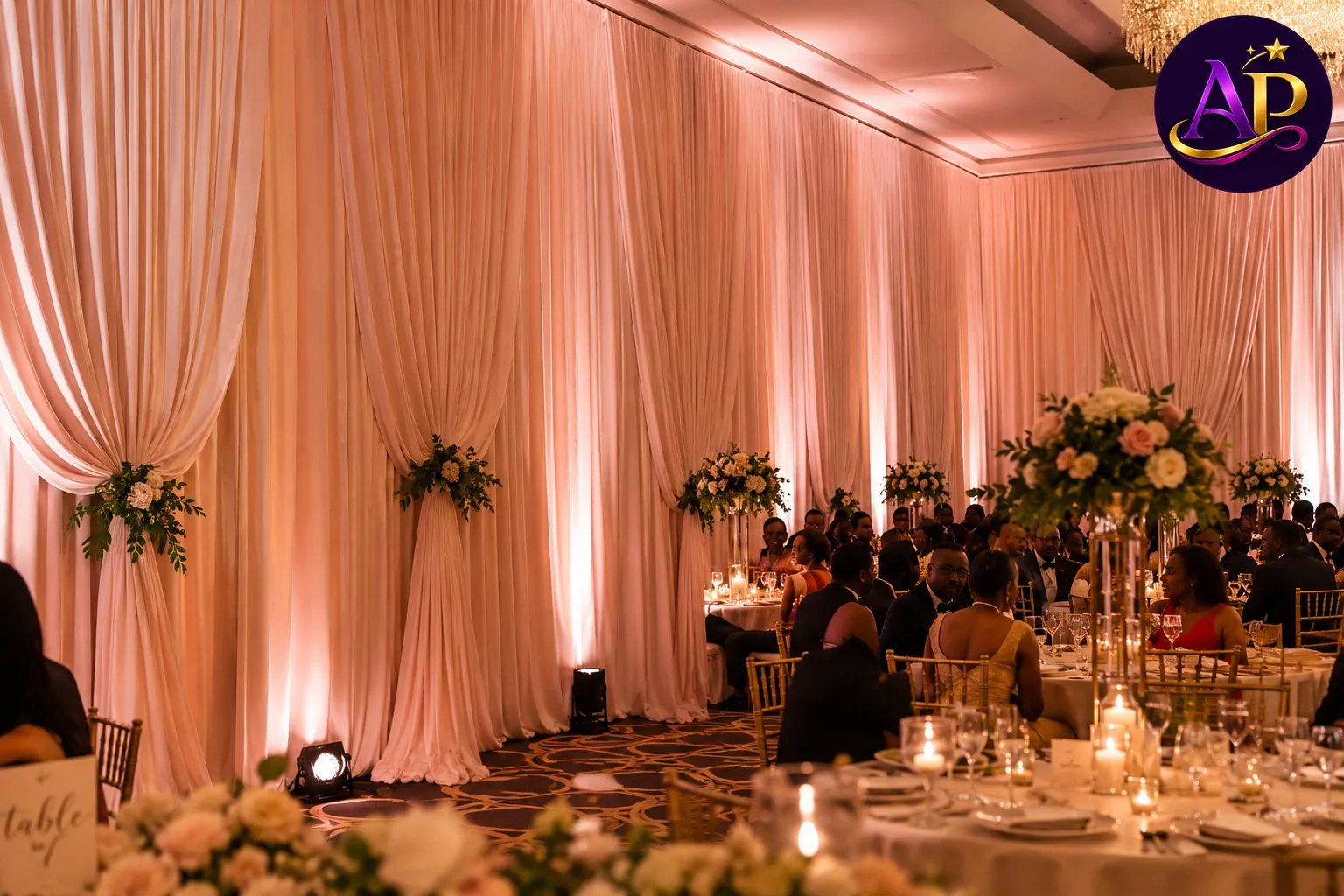Pipe drapery décor hire in Nairobi transforming a luxury wedding reception venue with elegant fabric walls.