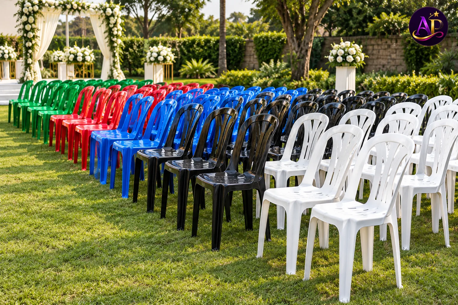 Plastic Chairs in assorted colours arranged at a premium Nairobi event venue